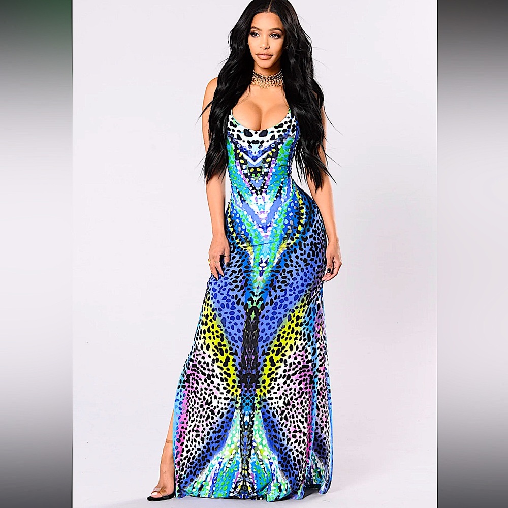 Leopard Dalmatian dot print multicolor neon maxi sun party cutout back dress